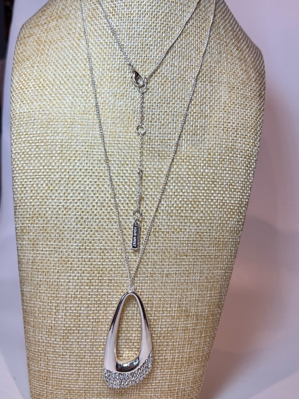 Nine West NWOT Polished Silver-Toned Metal Teardrop Crystals Sweater Necklace - Picture 9 of 14